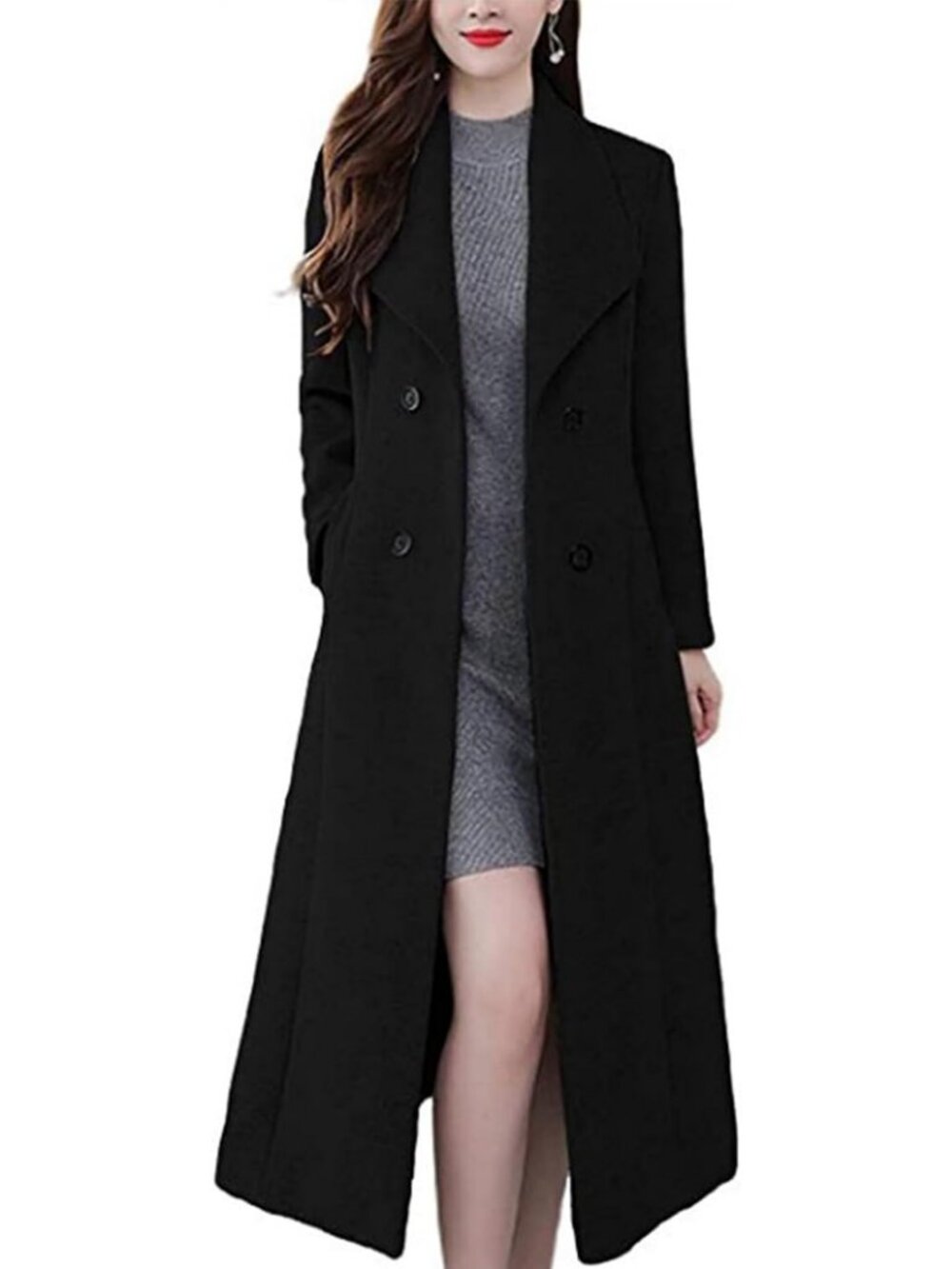 Chic Women's Double Breasted Trench Coat | Shawl Collar Maxi Wool Blend Jacket